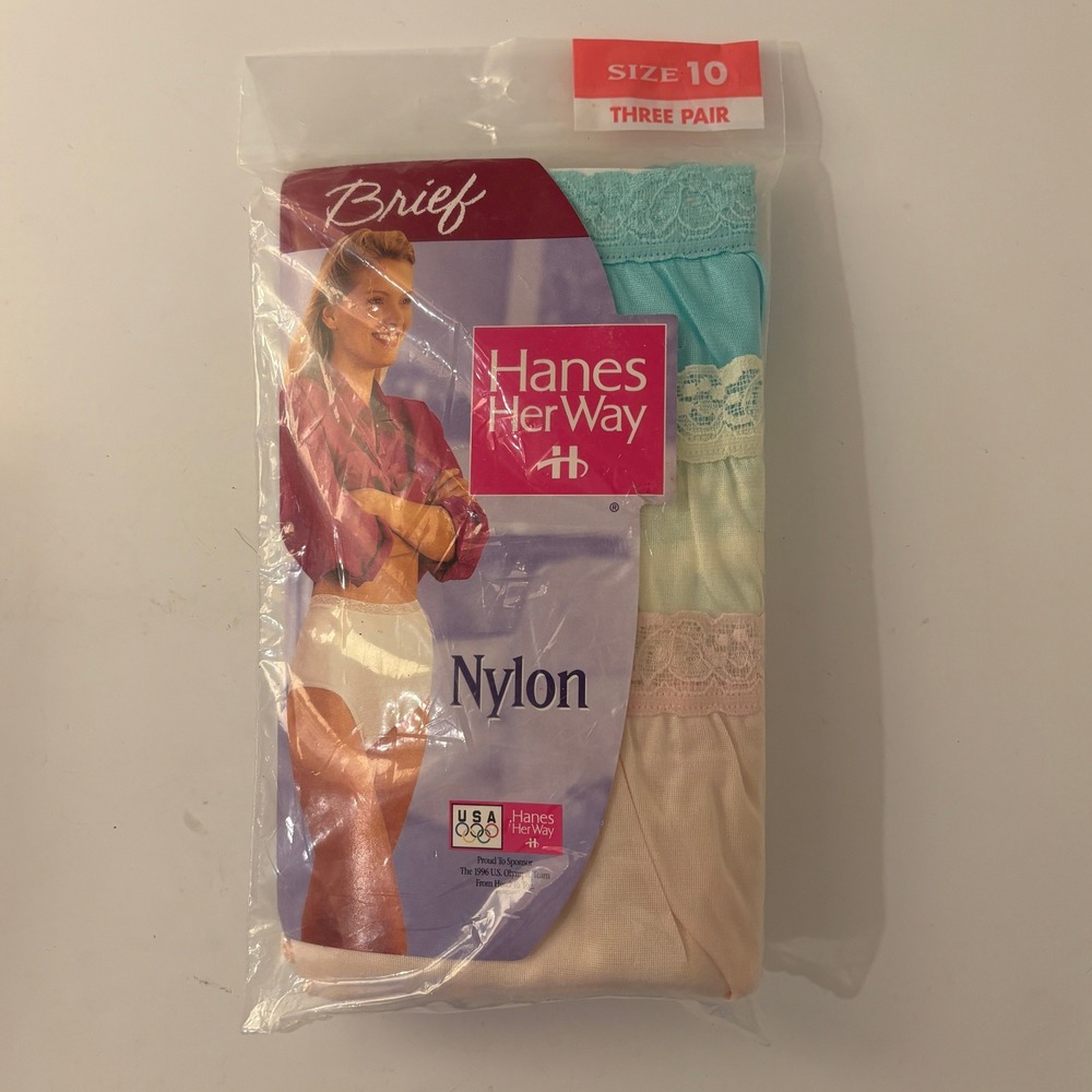 VTG Hanes Her Way Nylon Panties Womens 10 Briefs 3 Pack Pastels Lace Trim 1994